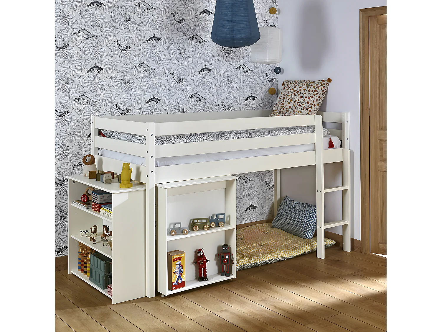 Lit enfant combiné avec matelas 90x190 cm bois massif blanc DAVON