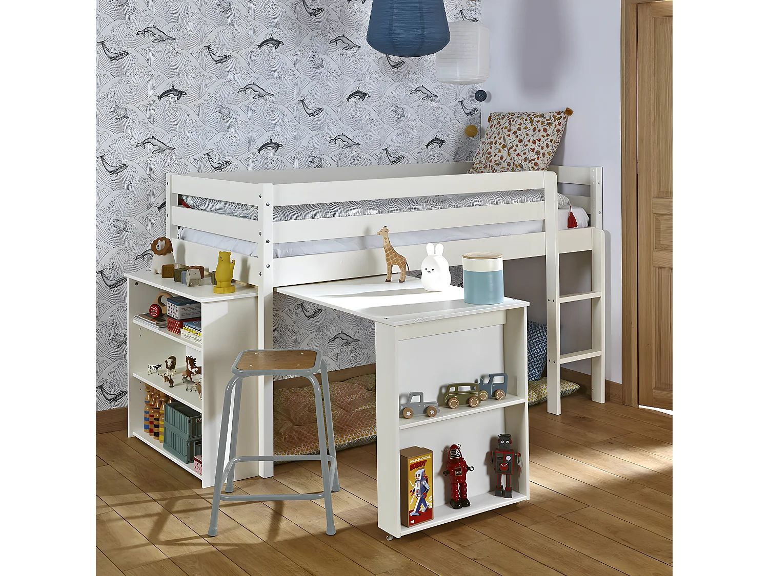 Lit enfant combiné avec matelas 90x190 cm bois massif blanc DAVON