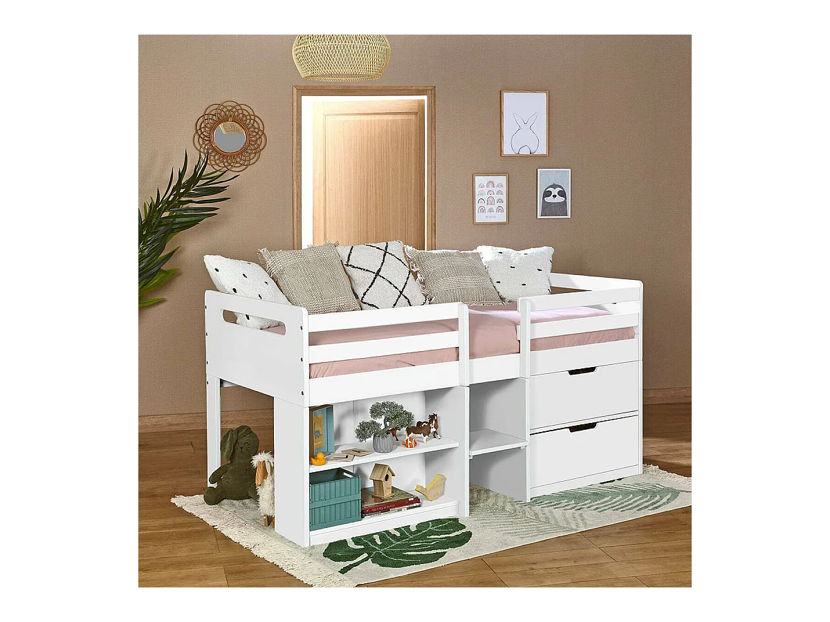 Lit mi-hauteur 90x190 cm bois massif blanc HOBY