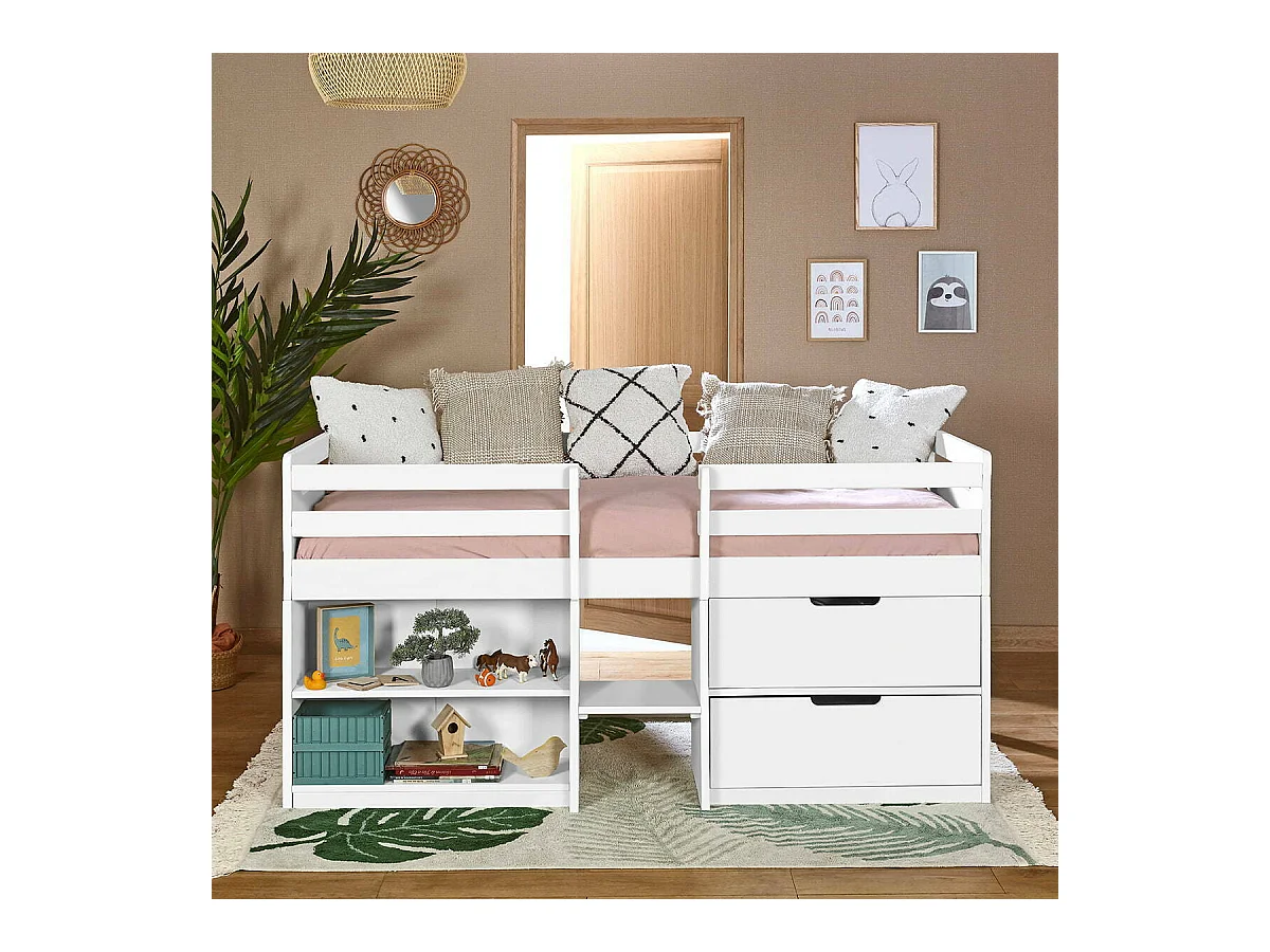 Lit mi-hauteur 90x190 cm bois massif blanc HOBY