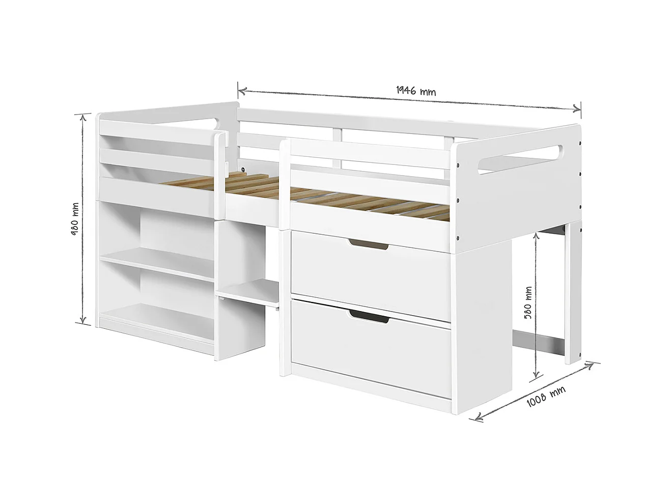 Lit mi-hauteur 90x190 cm bois massif blanc HOBY