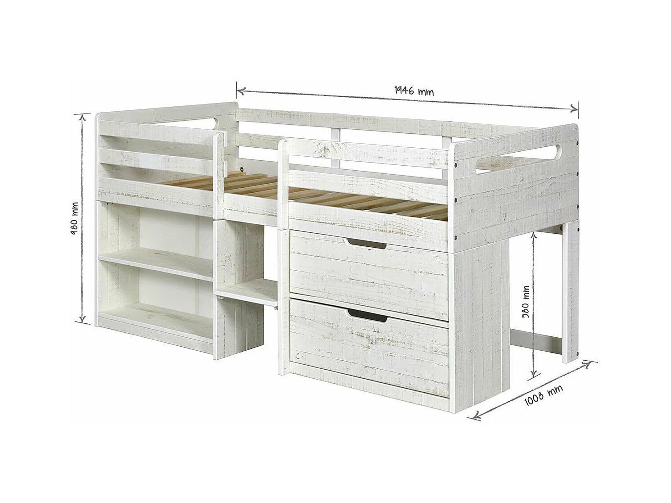 Lit mi-hauteur 90x190 cm bois massif blanc HOBY
