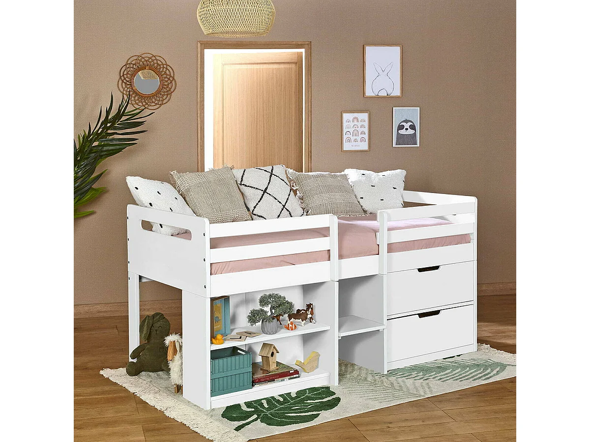 Lit mi-hauteur 90x190 cm bois massif blanc HOBY