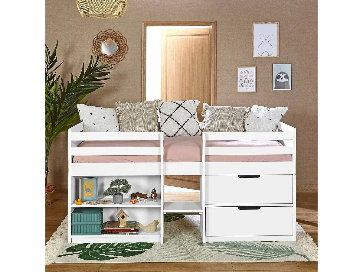 Lit mi-hauteur 90x190 cm bois massif blanc HOBY