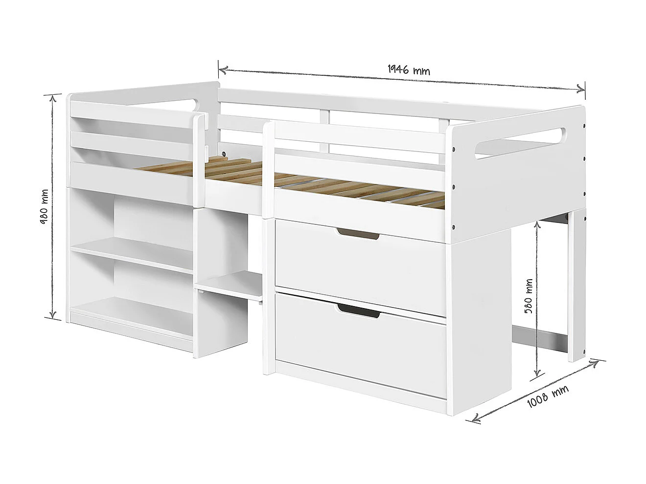 Lit mi-hauteur 90x190 cm bois massif blanc HOBY