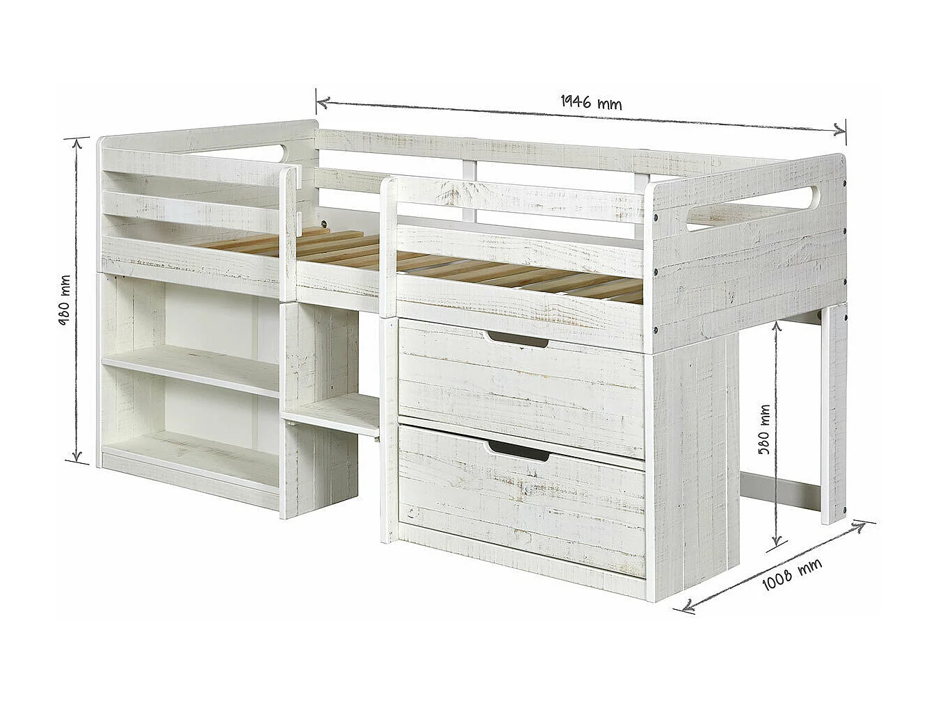 Lit mi-hauteur 90x190 cm bois massif blanc HOBY