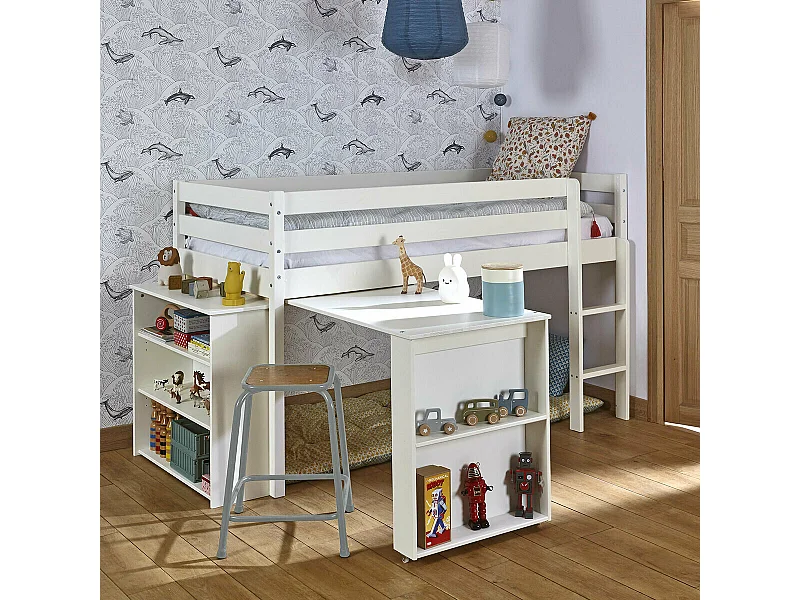 Lit mi-hauteur combiné 90x190 cm bois massif blanc DAVON