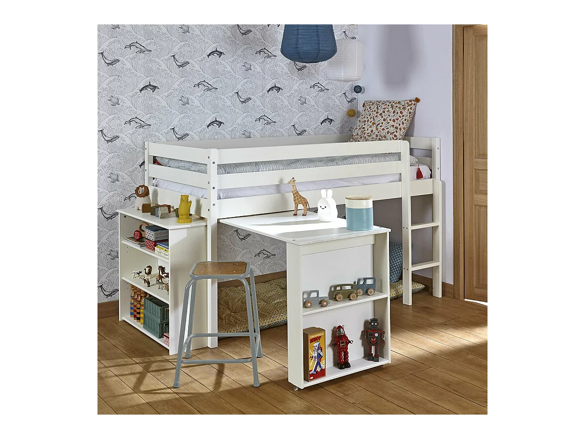 Lit mi-hauteur combiné 90x190 cm bois massif blanc DAVON