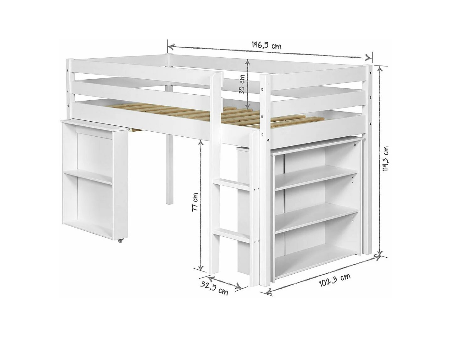 Lit mi-hauteur combiné 90x190 cm bois massif blanc DAVON