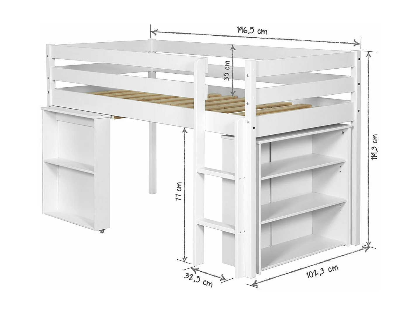Lit mi-hauteur combiné 90x190 cm bois massif blanc DAVON