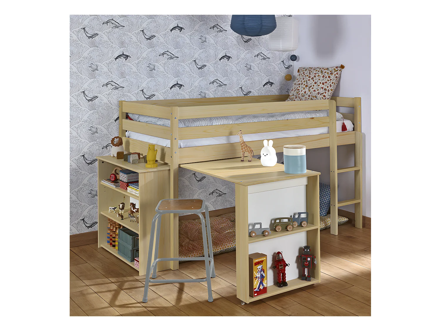 Lit enfant combiné avec matelas 90x190 cm bois massif bois DAVON