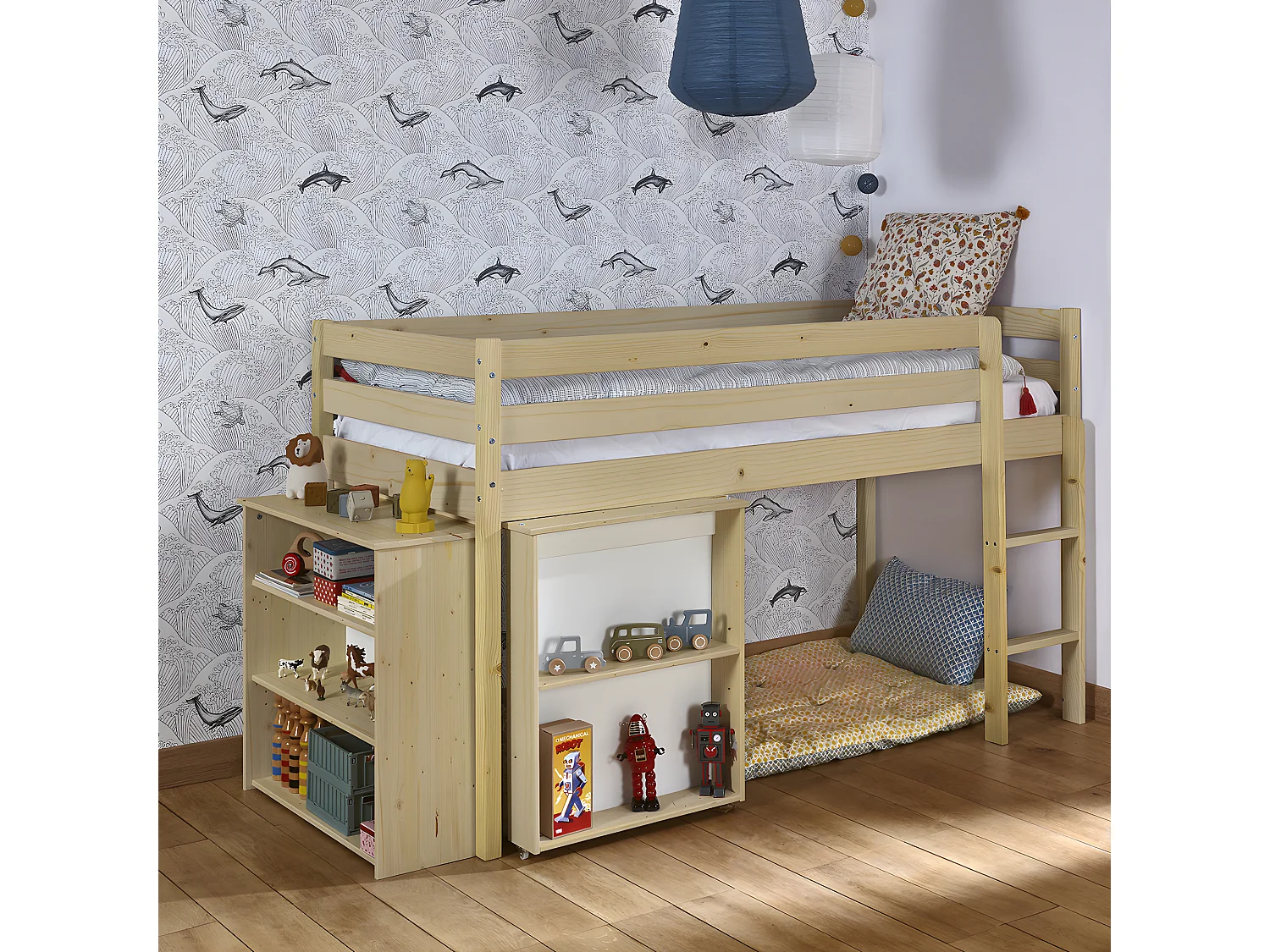 Lit enfant combiné avec matelas 90x190 cm bois massif bois DAVON