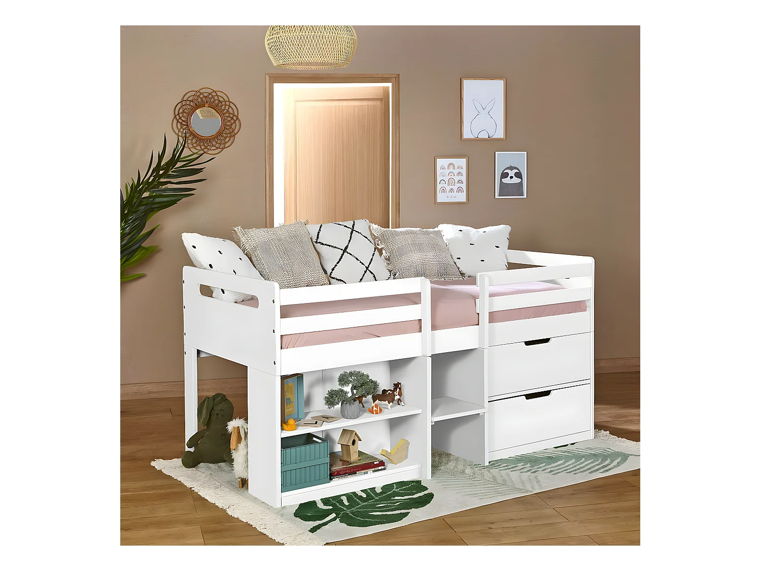 Lit mi-hauteur avec matelas 90x190 cm bois massif blanc HOBY