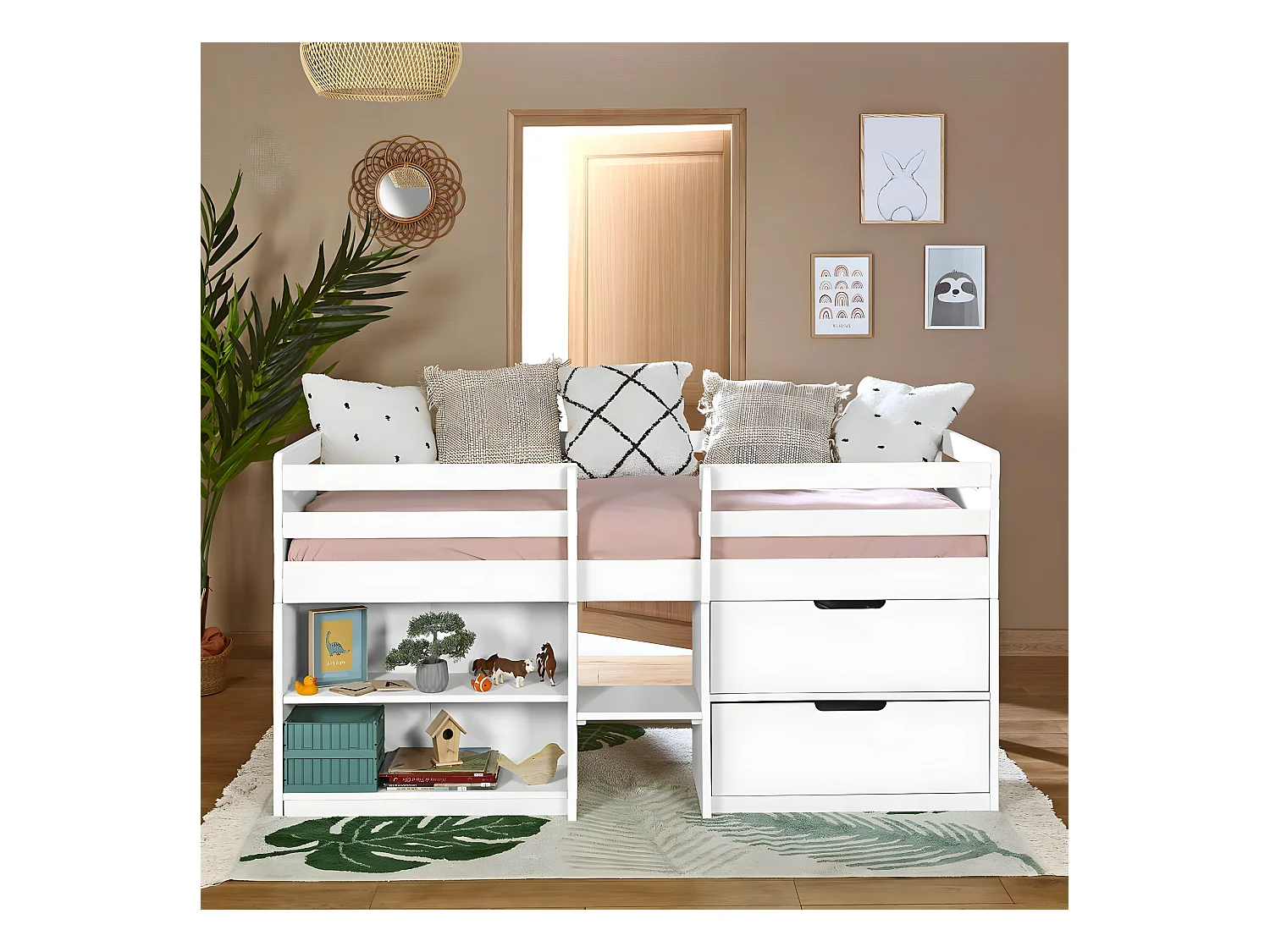 Lit mi-hauteur avec matelas 90x190 cm bois massif blanc HOBY