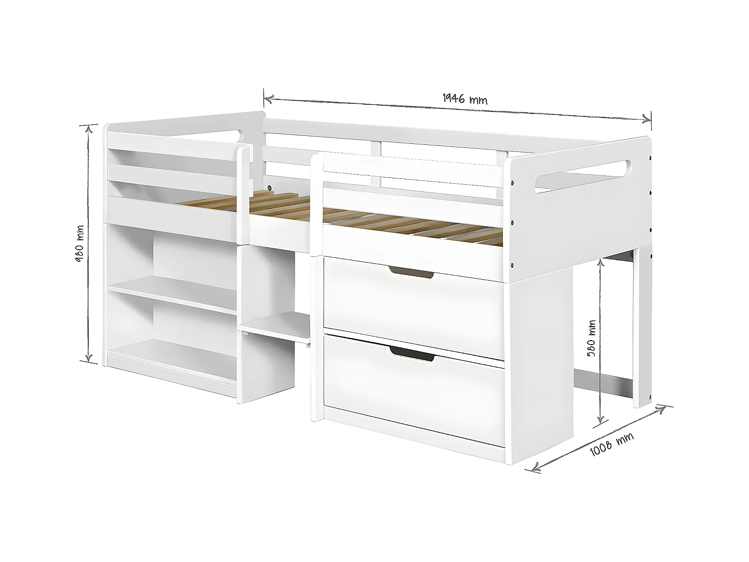 Lit mi-hauteur avec matelas 90x190 cm bois massif blanc HOBY