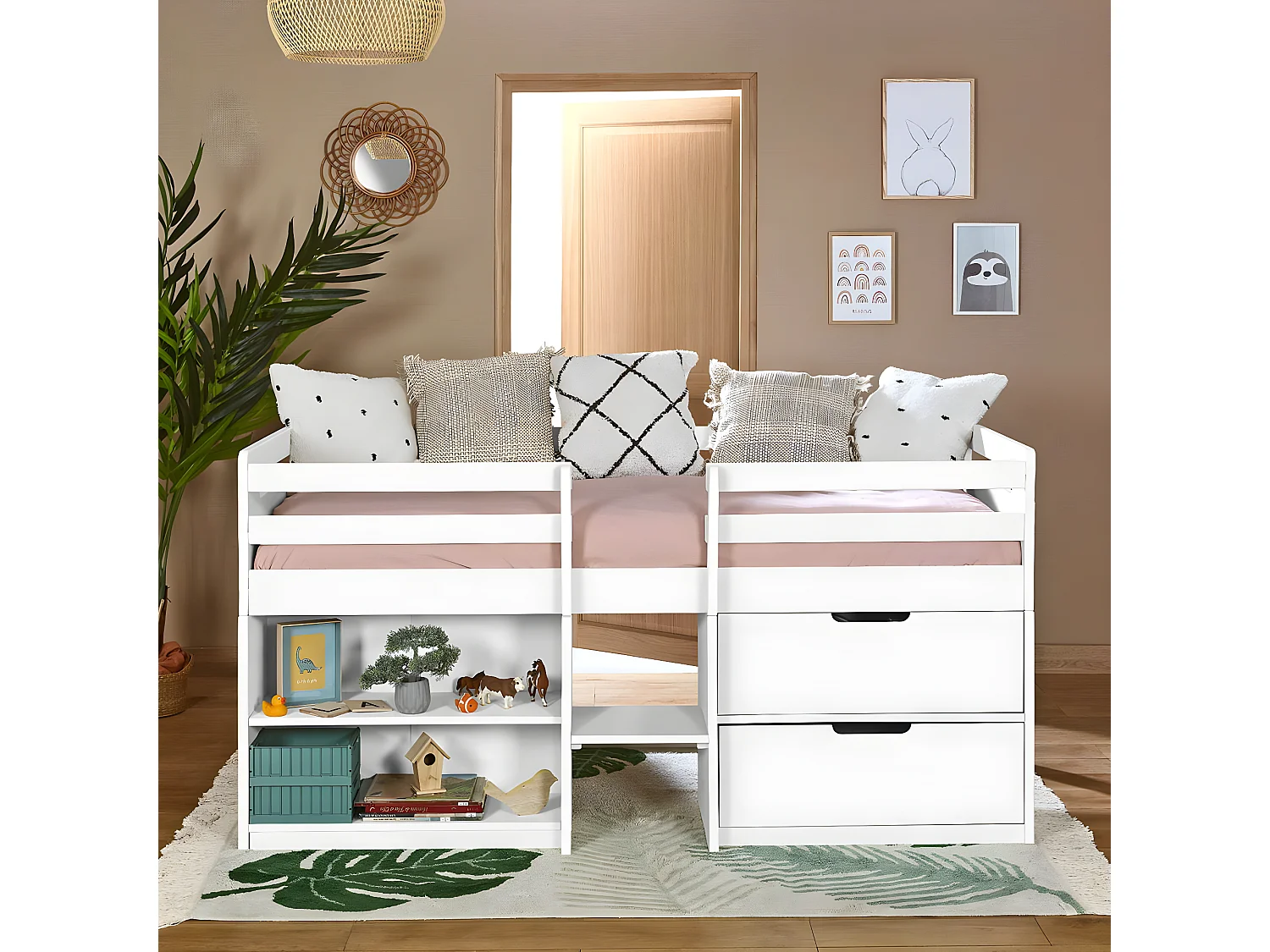 Lit mi-hauteur avec matelas 90x190 cm bois massif blanc HOBY