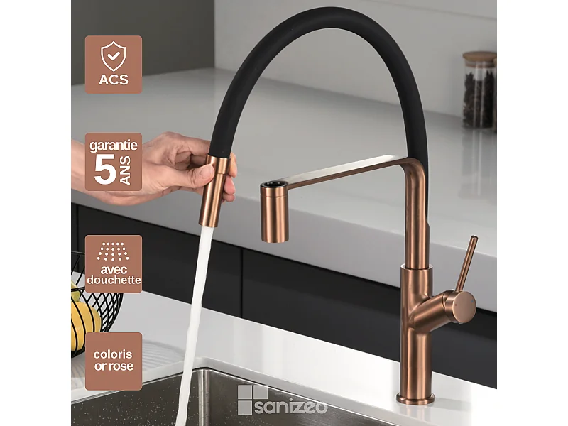 Mitigeur Évier Cuisine avec douchette extractible or rose brossé - Design moderne – SENA IMEX