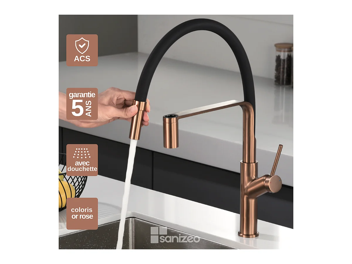 Mitigeur Évier Cuisine avec douchette extractible or rose brossé - Design moderne – SENA IMEX