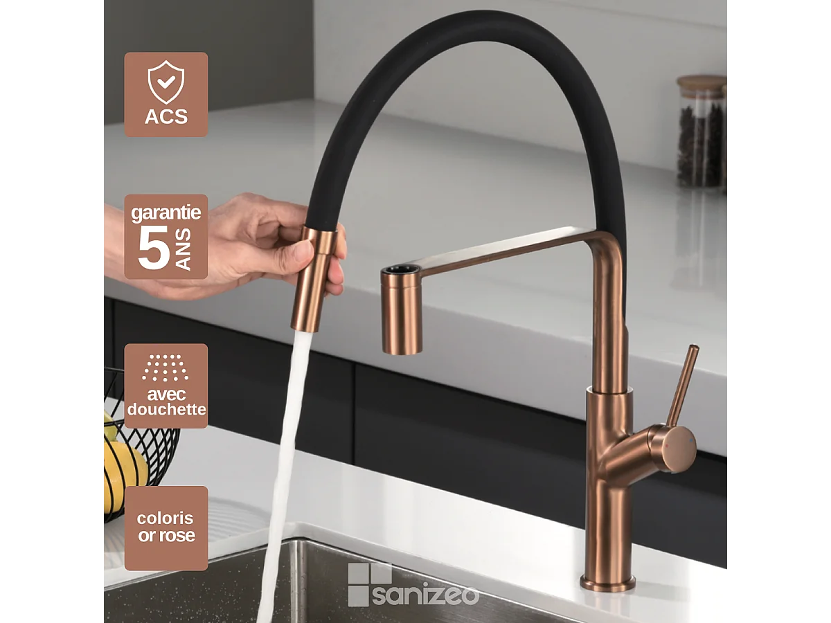 Mitigeur Évier Cuisine avec douchette extractible or rose brossé - Design moderne – SENA IMEX