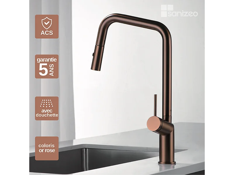 Mitigeur Évier Cuisine avec douchette extractible or rose brossé - Design moderne – BONN IMEX