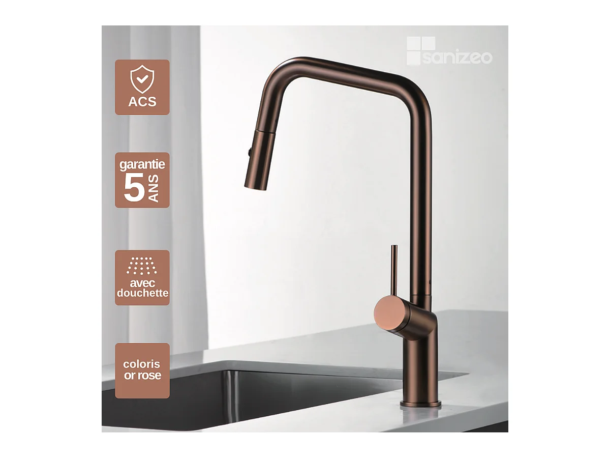 Mitigeur Évier Cuisine avec douchette extractible or rose brossé - Design moderne – BONN IMEX