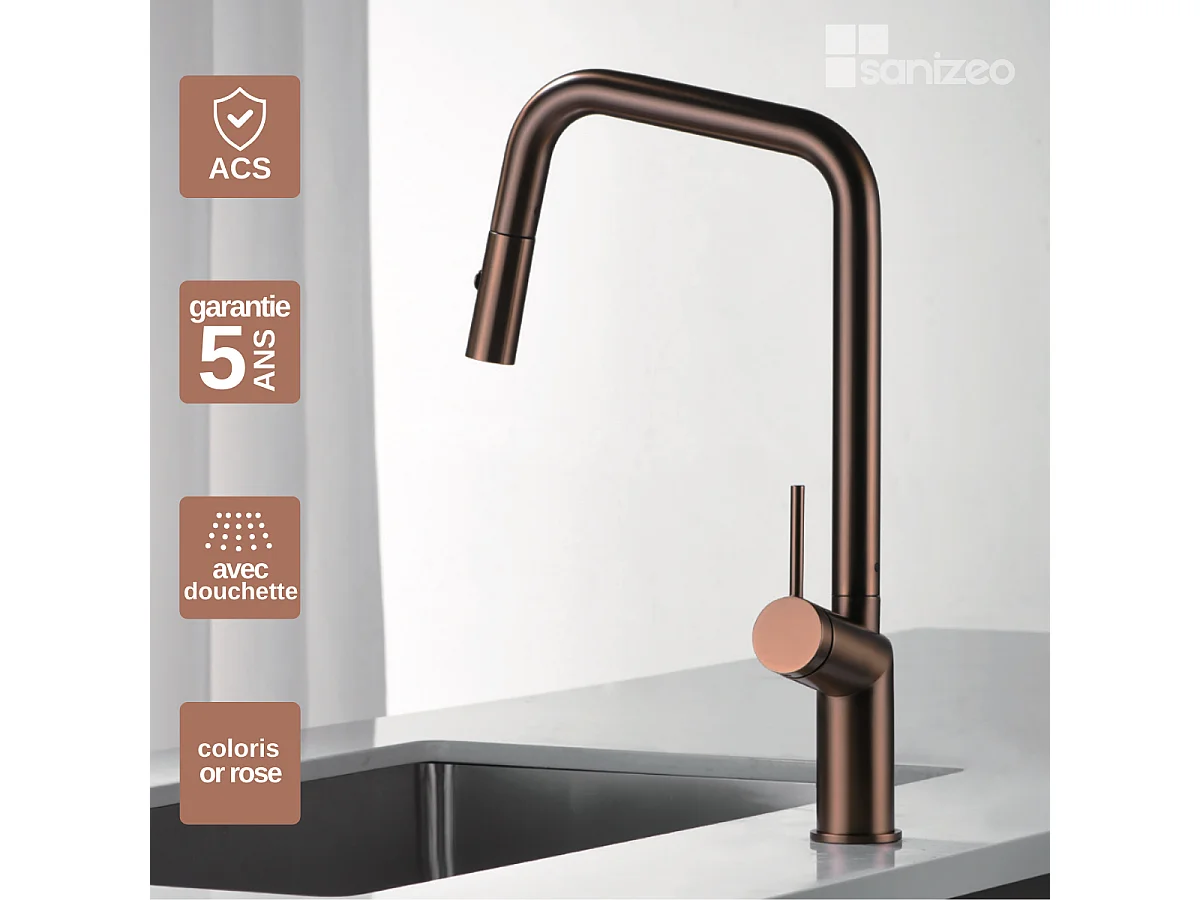 Mitigeur Évier Cuisine avec douchette extractible or rose brossé - Design moderne – BONN IMEX