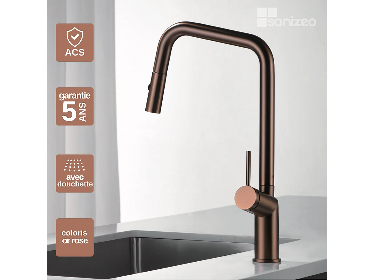 Mitigeur Évier Cuisine avec douchette extractible or rose brossé - Design moderne – BONN IMEX