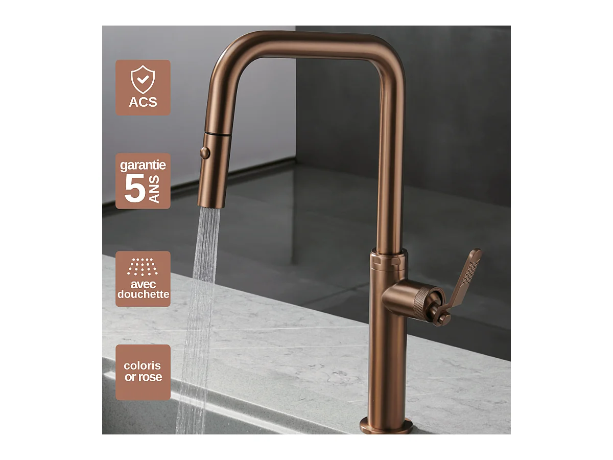 Mitigeur Évier Cuisine avec douchette extractible or rose brossé - Design moderne – NIZA IMEX