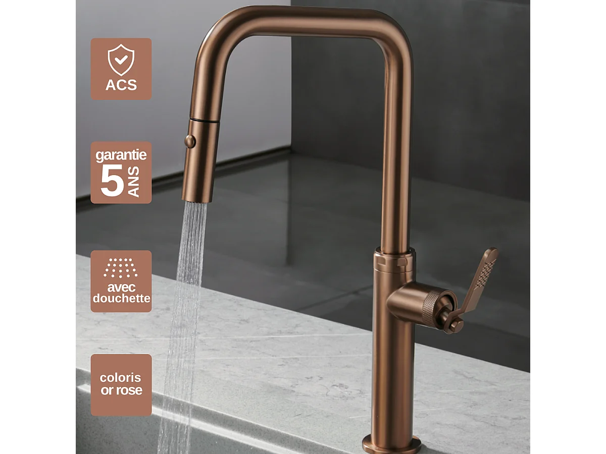 Mitigeur Évier Cuisine avec douchette extractible or rose brossé - Design moderne – NIZA IMEX