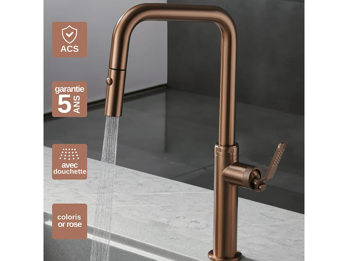 Mitigeur Évier Cuisine avec douchette extractible or rose brossé - Design moderne – NIZA IMEX