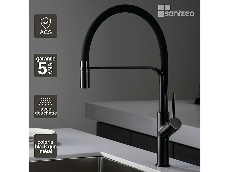 Mitigeur Évier Cuisine avec douchette extractible noir métal - Design moderne – SENA IMEX