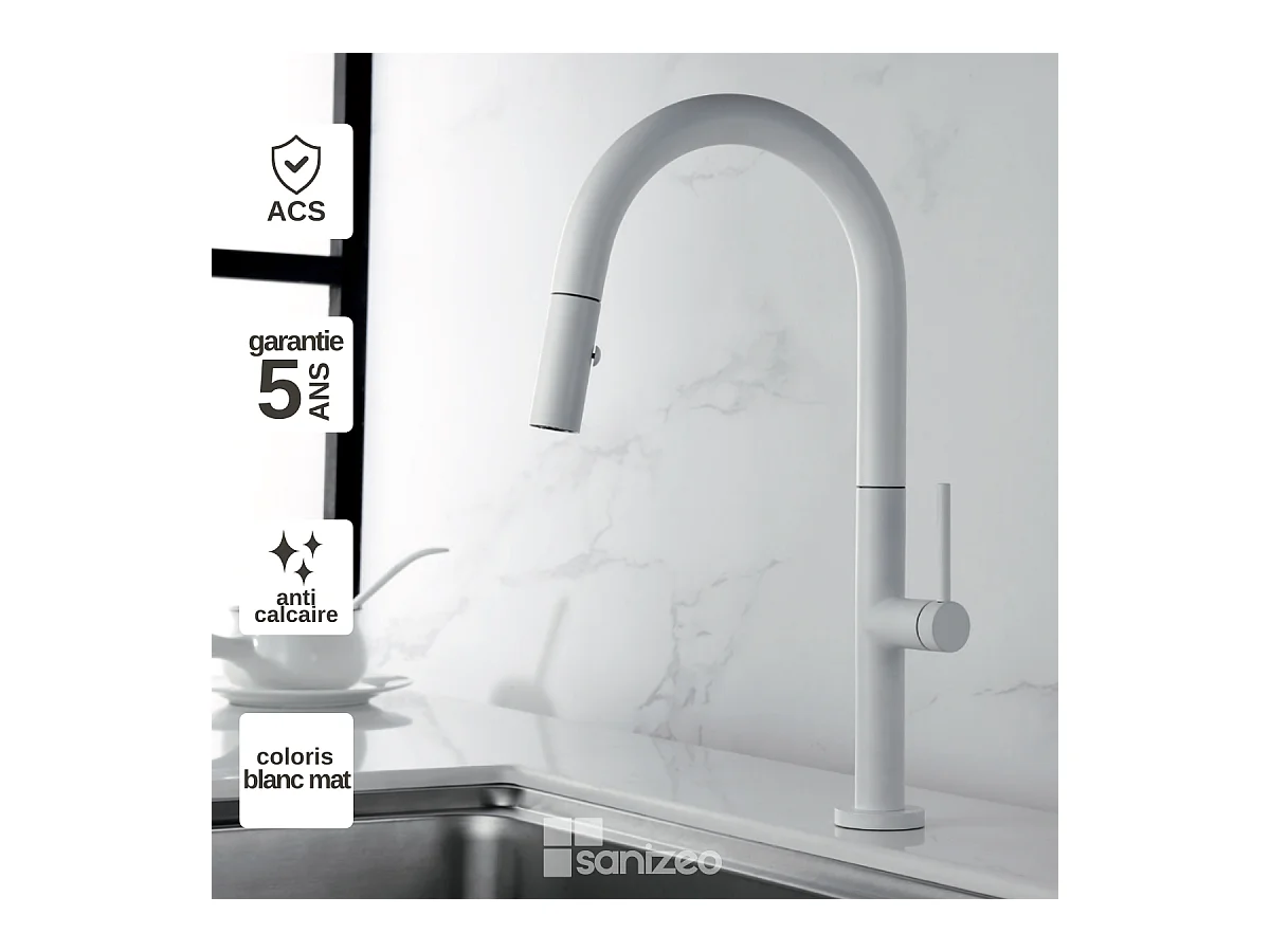 Mitigeur Évier Cuisine avec douchette extractible blanc mat - Design moderne – SAMOA IMEX