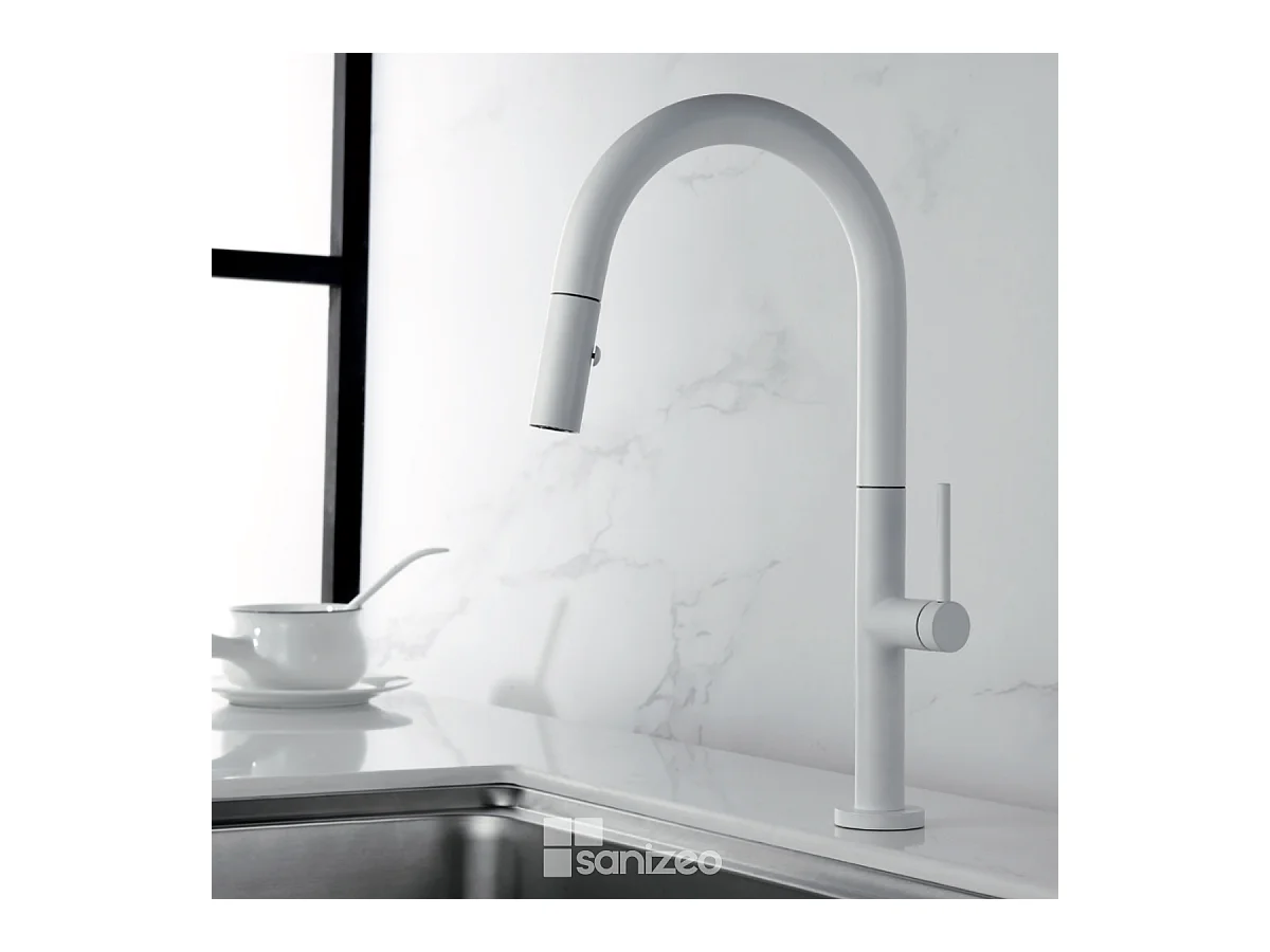 Mitigeur Évier Cuisine avec douchette extractible blanc mat - Design moderne – SAMOA IMEX