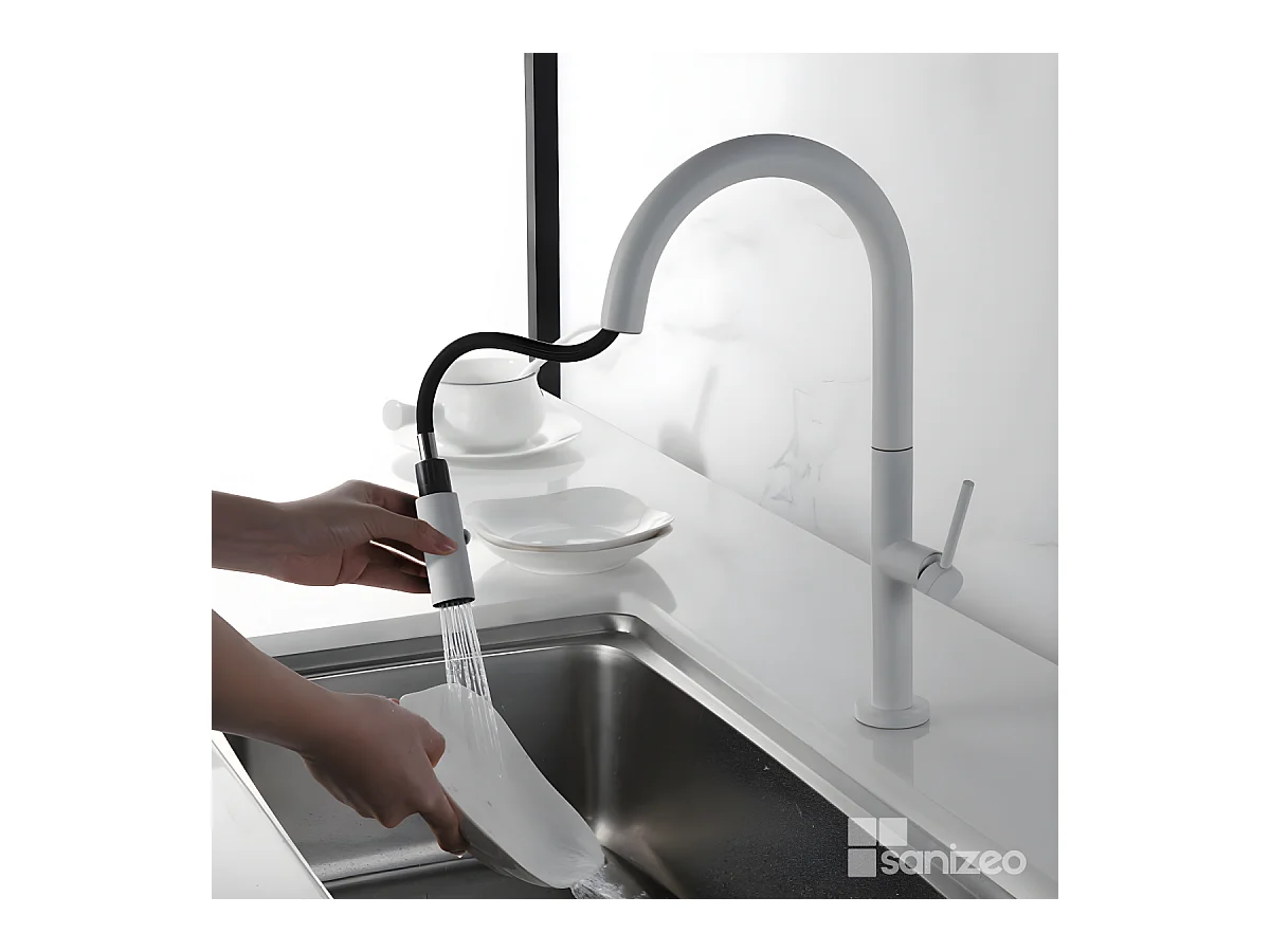 Mitigeur Évier Cuisine avec douchette extractible blanc mat - Design moderne – SAMOA IMEX