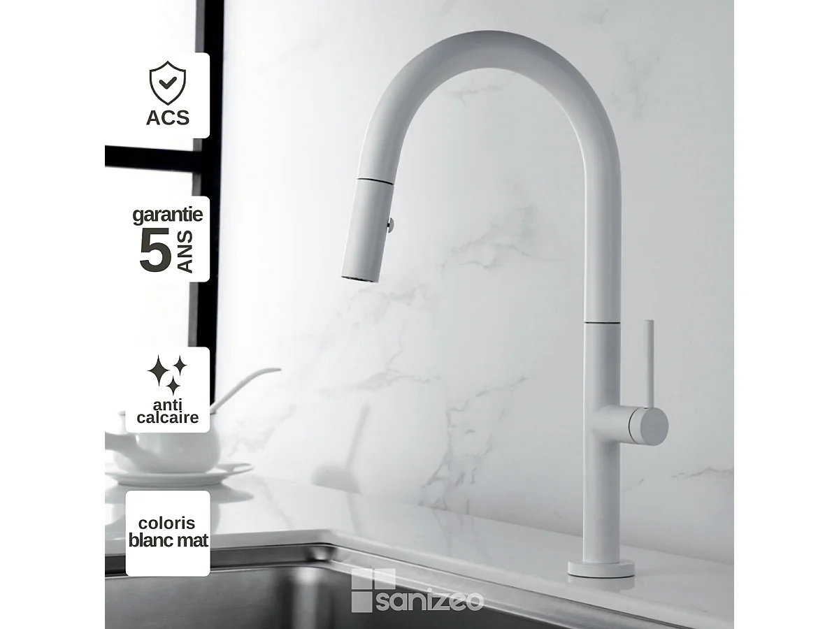 Mitigeur Évier Cuisine avec douchette extractible blanc mat - Design moderne – SAMOA IMEX