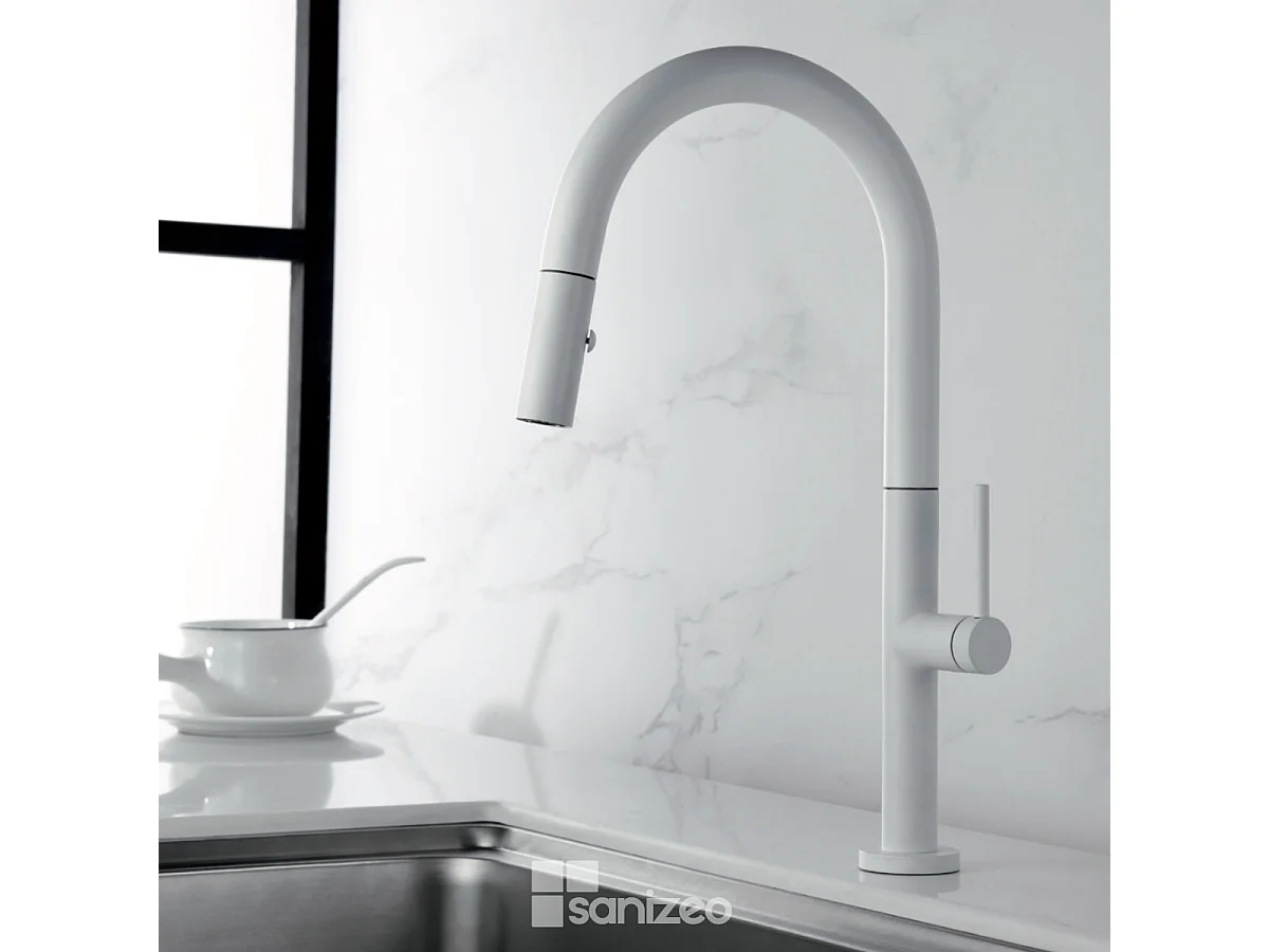 Mitigeur Évier Cuisine avec douchette extractible blanc mat - Design moderne – SAMOA IMEX