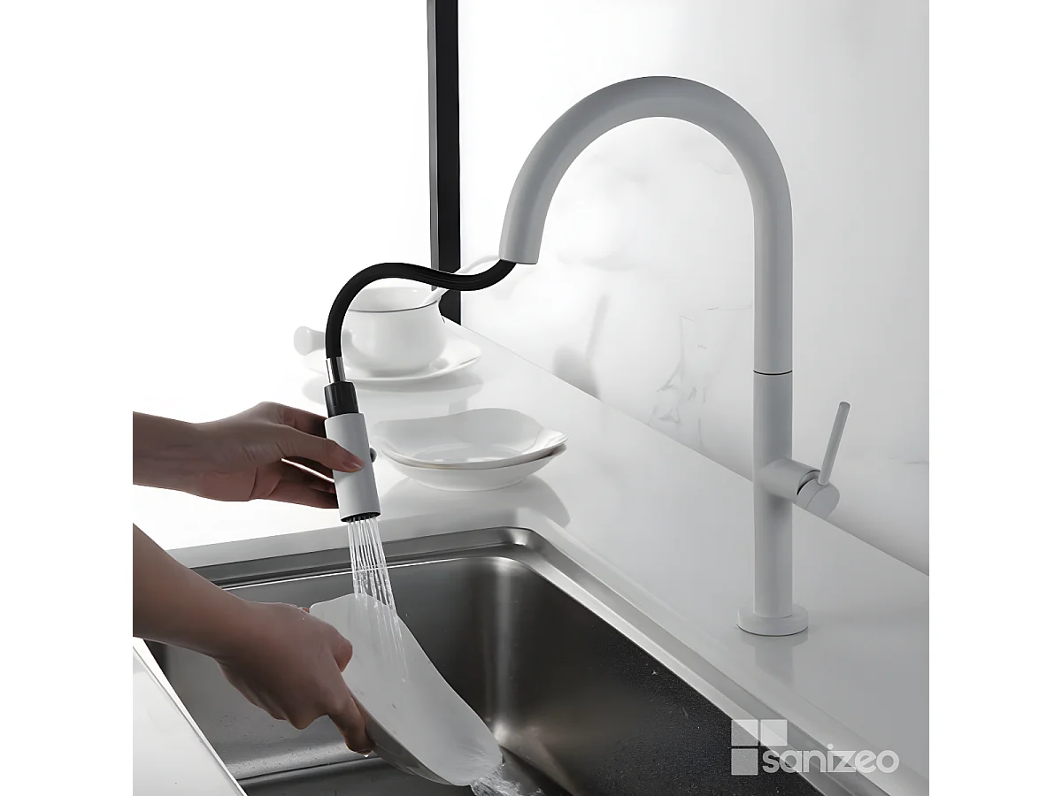 Mitigeur Évier Cuisine avec douchette extractible blanc mat - Design moderne – SAMOA IMEX