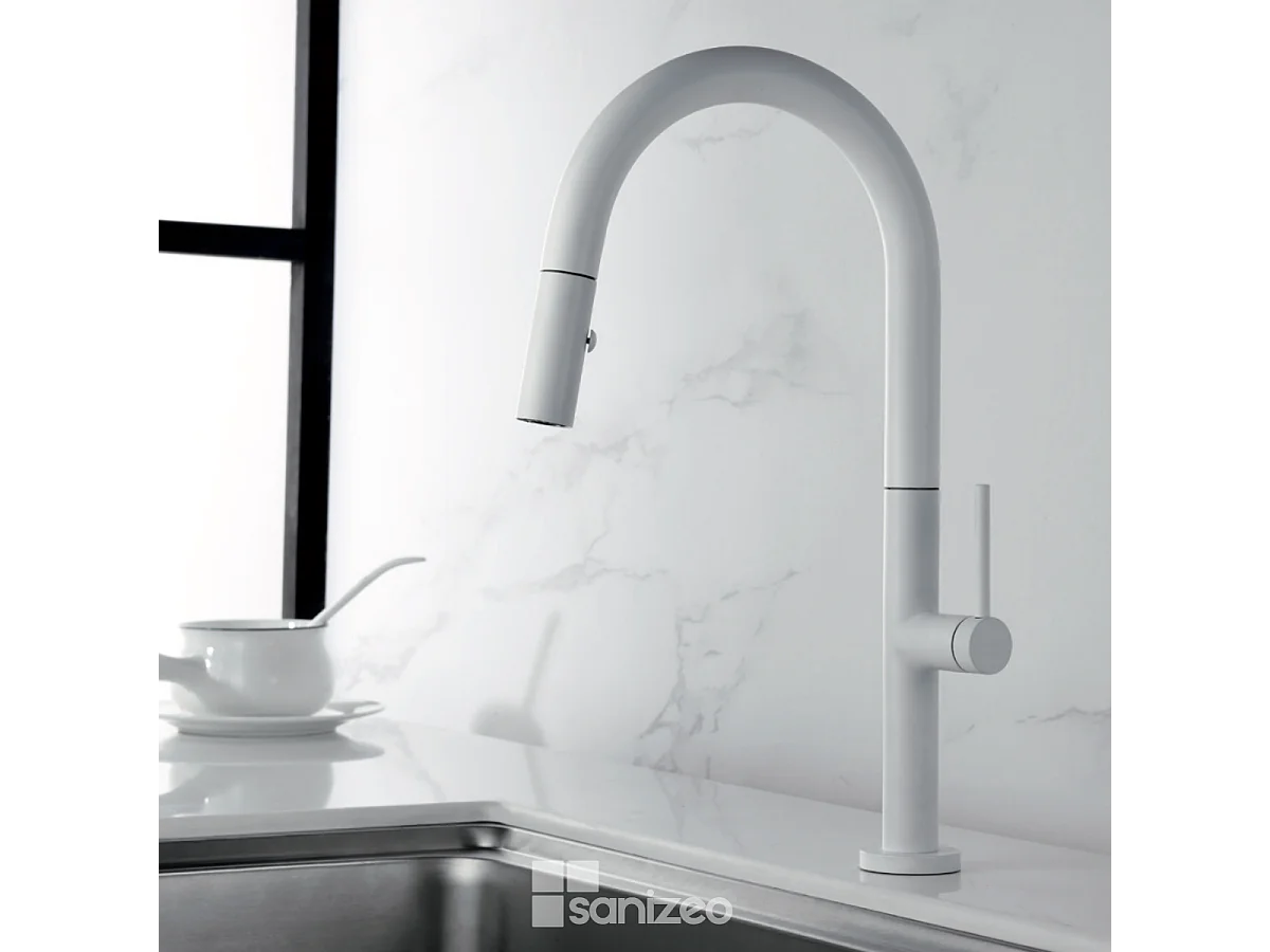 Mitigeur Évier Cuisine avec douchette extractible blanc mat - Design moderne – SAMOA IMEX