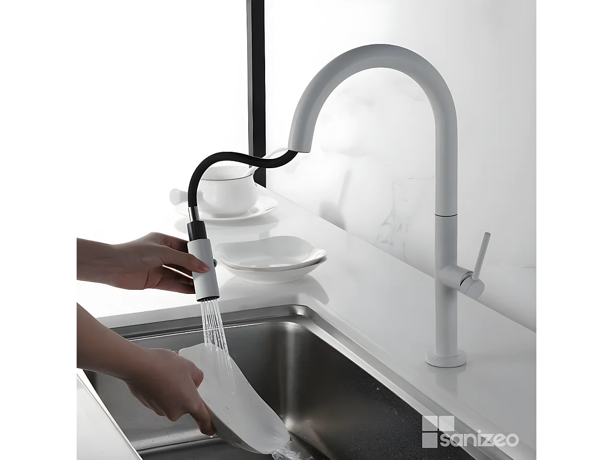 Mitigeur Évier Cuisine avec douchette extractible blanc mat - Design moderne – SAMOA IMEX