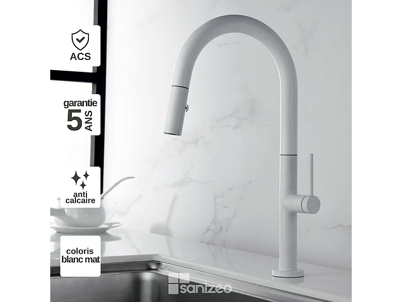 Mitigeur Évier Cuisine avec douchette extractible blanc mat - Design moderne – SAMOA IMEX