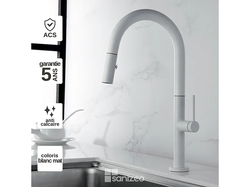 Mitigeur Évier Cuisine avec douchette extractible blanc mat - Design moderne – SAMOA IMEX