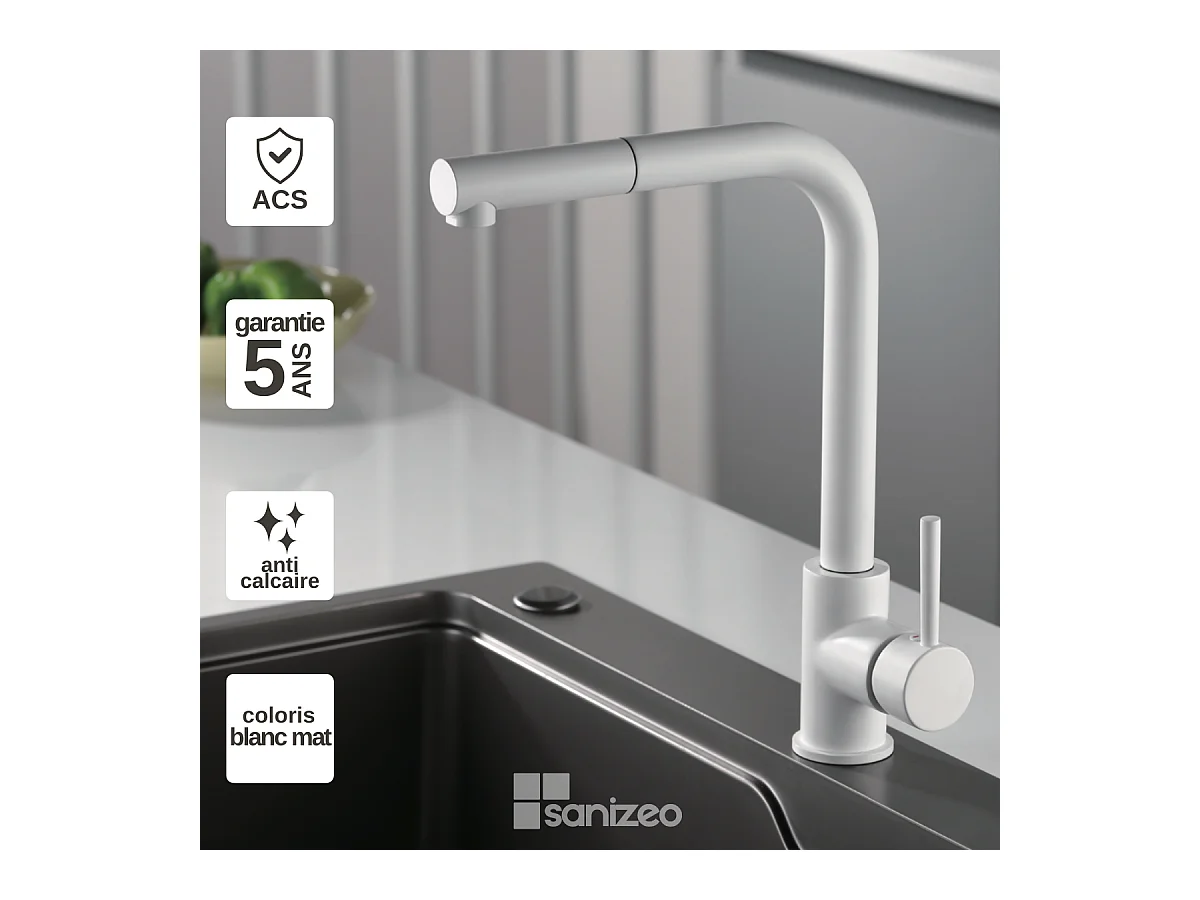 Mitigeur Évier Cuisine avec douchette extractible blanc mat - Design moderne – MALTA IMEX