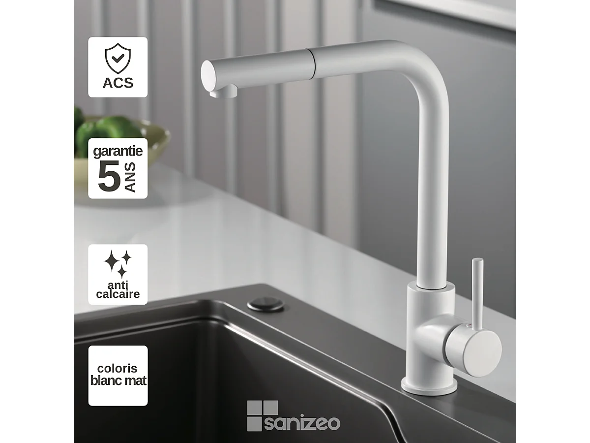 Mitigeur Évier Cuisine avec douchette extractible blanc mat - Design moderne – MALTA IMEX