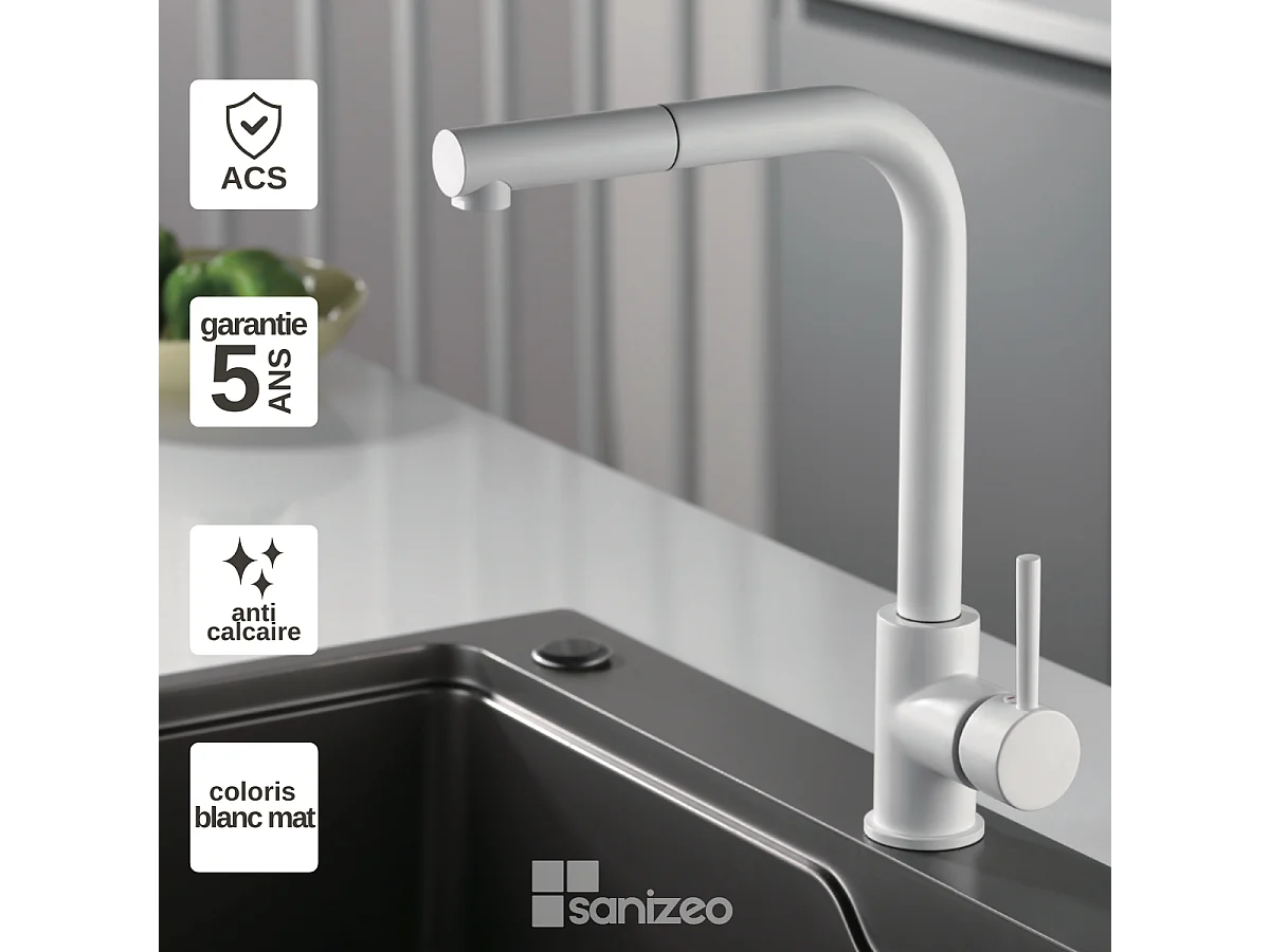 Mitigeur Évier Cuisine avec douchette extractible blanc mat - Design moderne – MALTA IMEX