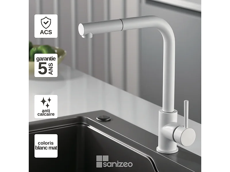 Mitigeur Évier Cuisine avec douchette extractible blanc mat - Design moderne – MALTA IMEX
