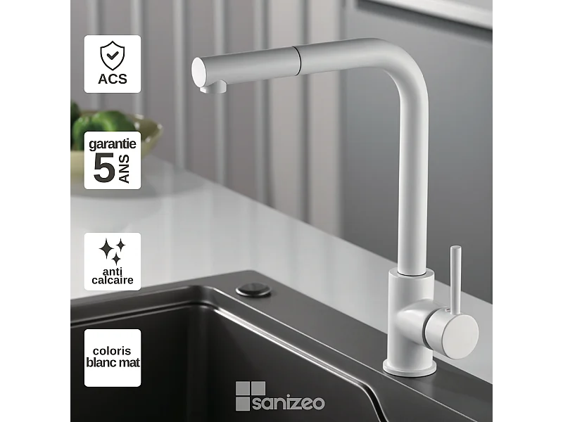 Mitigeur Évier Cuisine avec douchette extractible blanc mat - Design moderne – MALTA IMEX