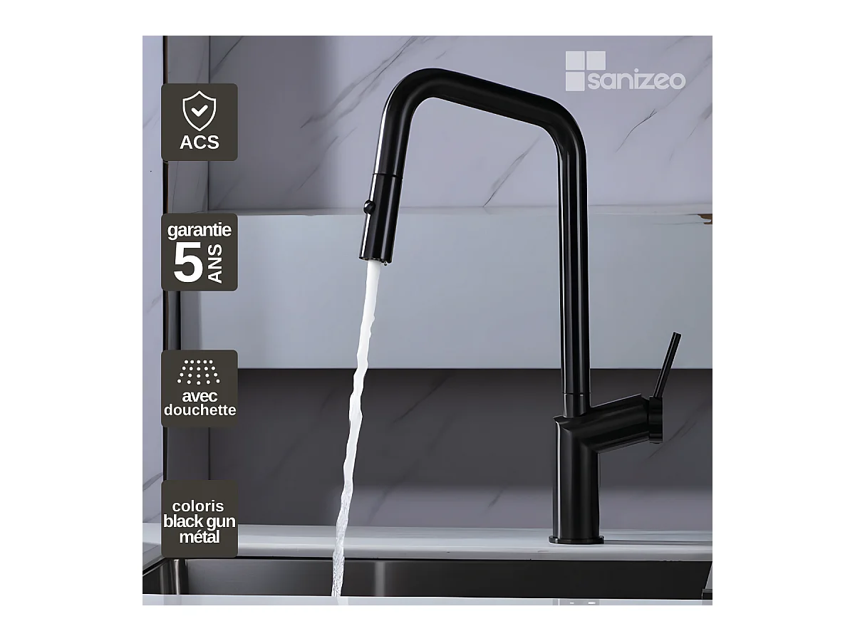 Mitigeur Évier Cuisine avec douchette extractible noir métal - Design moderne – BONN IMEX