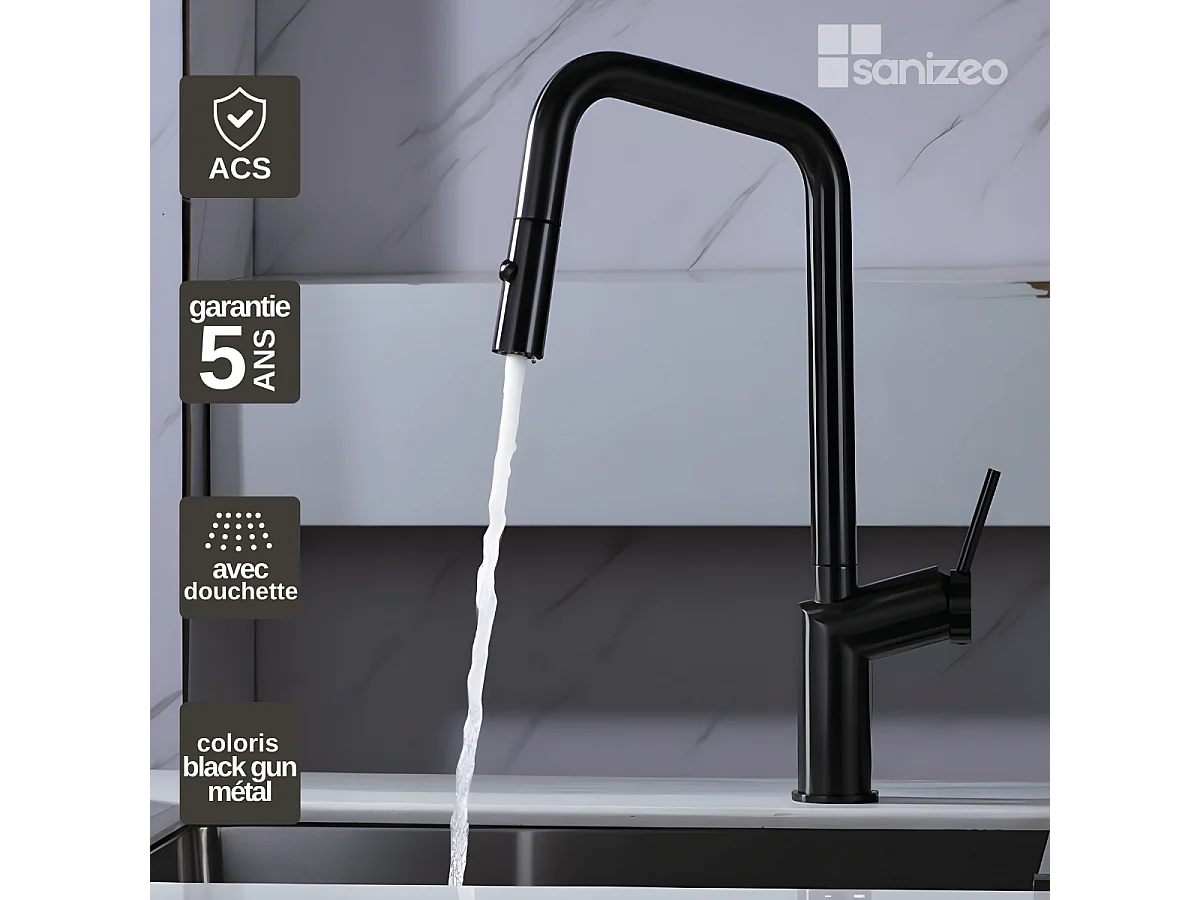 Mitigeur Évier Cuisine avec douchette extractible noir métal - Design moderne – BONN IMEX