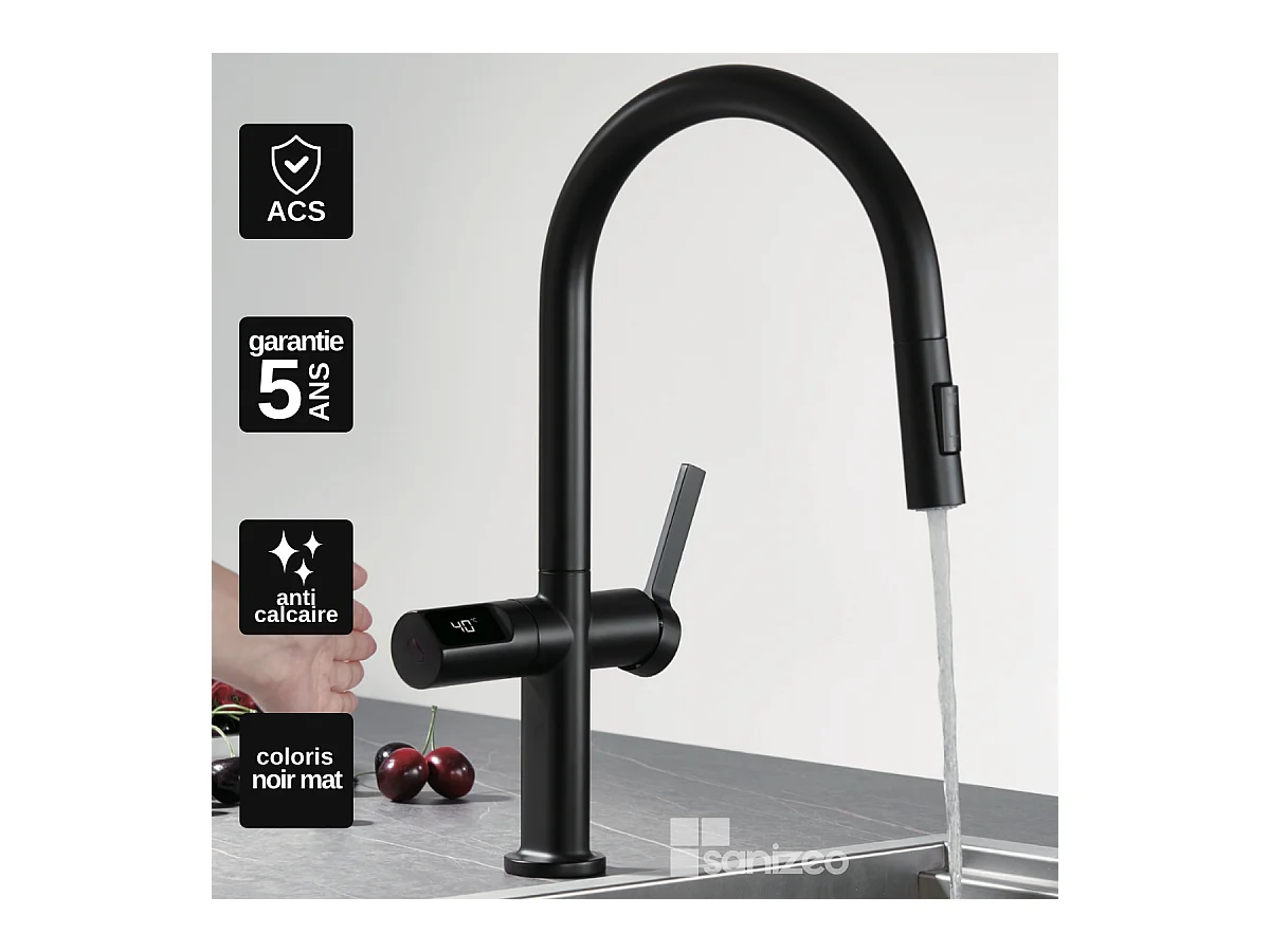 Mitigeur Évier Cuisine/Écran avec douchette extractible noir mat - Design moderne – TURIN IMEX