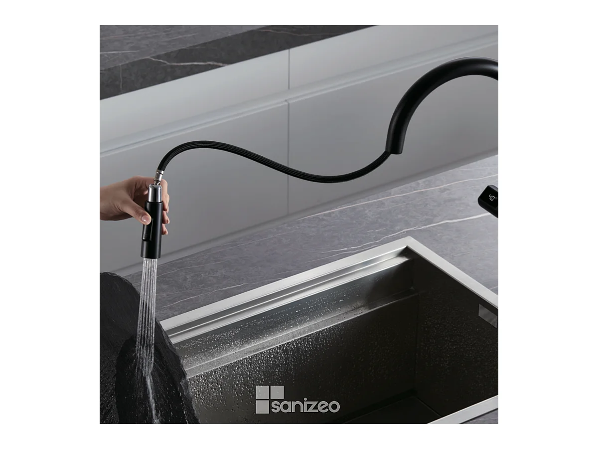 Mitigeur Évier Cuisine/Écran avec douchette extractible noir mat - Design moderne – TURIN IMEX